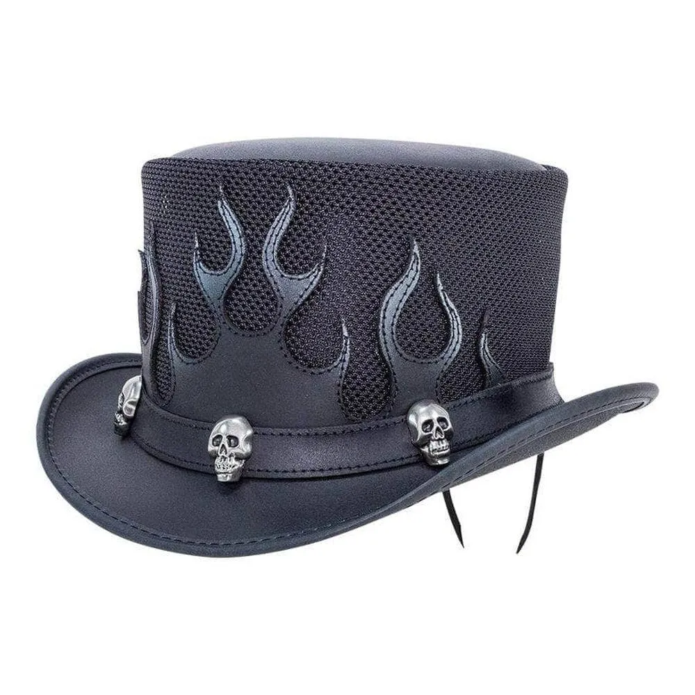 Flames | Mens Biker Leather Top Hat with Skull Hat Band