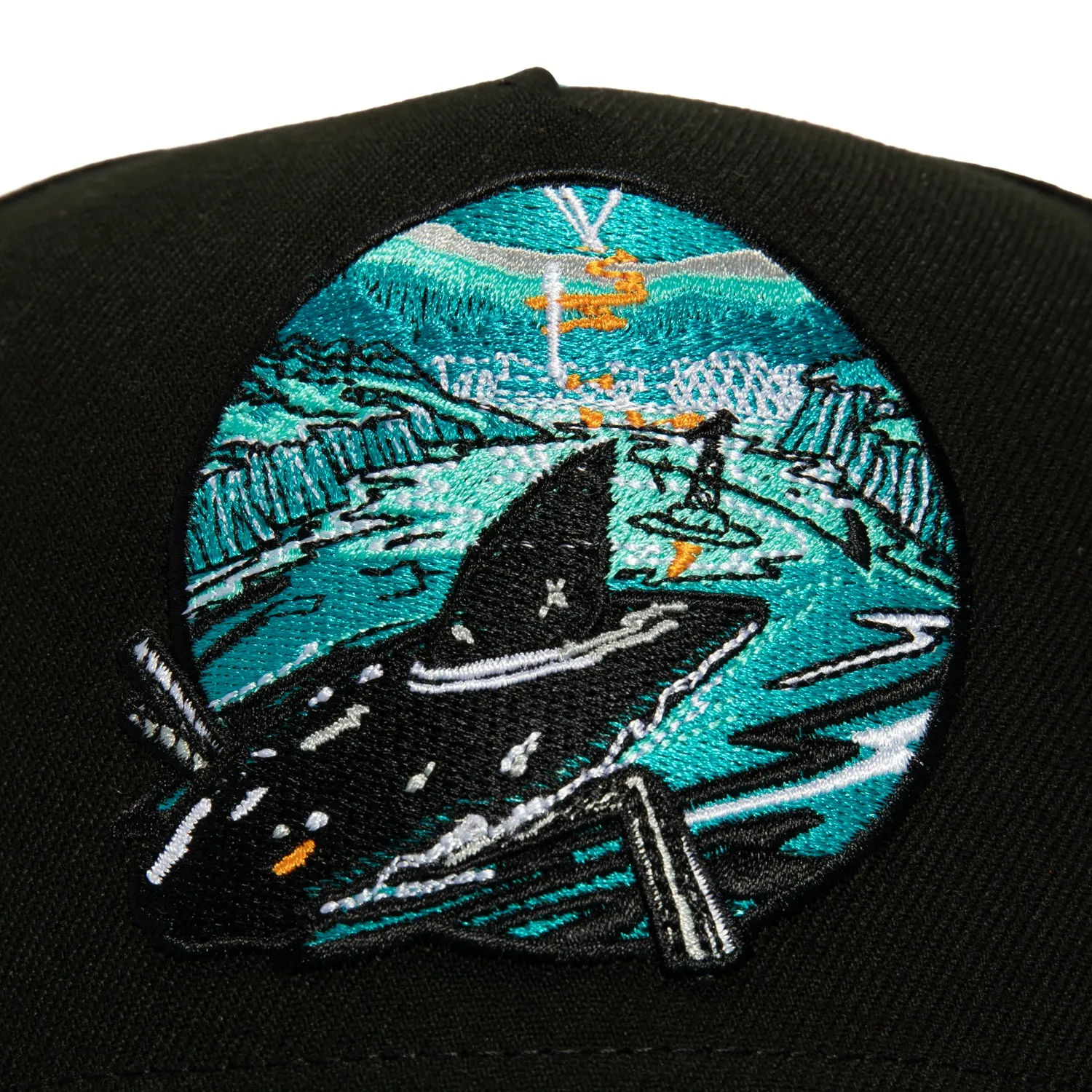 New Era 9Fifty A-Frame San Jose Sharks Logo Patch Open Water Snapback Hat - Black. Teal