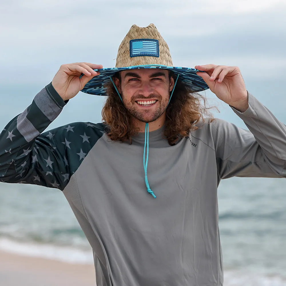 Under Brim Straw Hat | Aqua Blue Military Camo